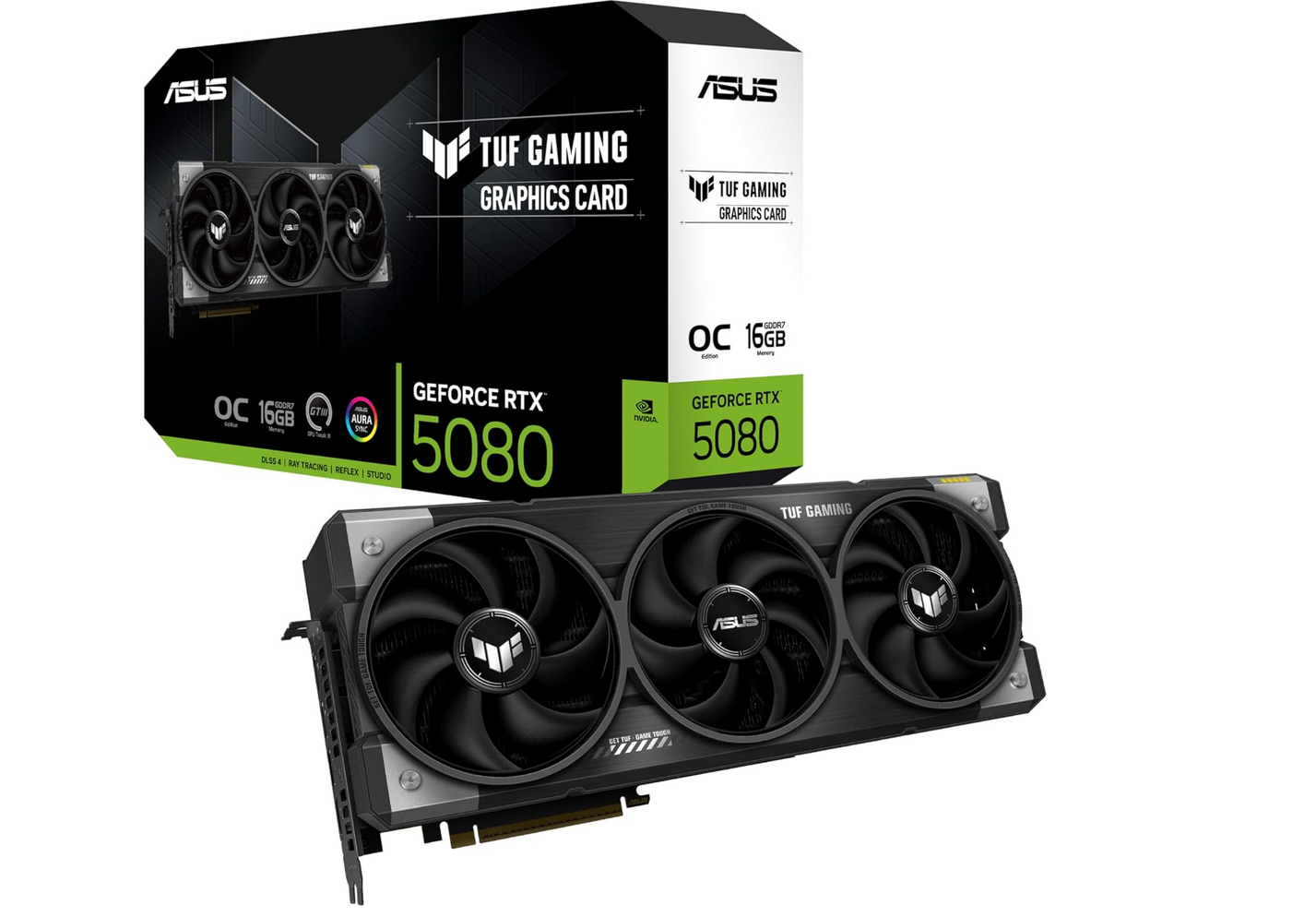 ASUS TUF Gaming GeForce RTX 5080 OC graphics card with retail box, product photograph
